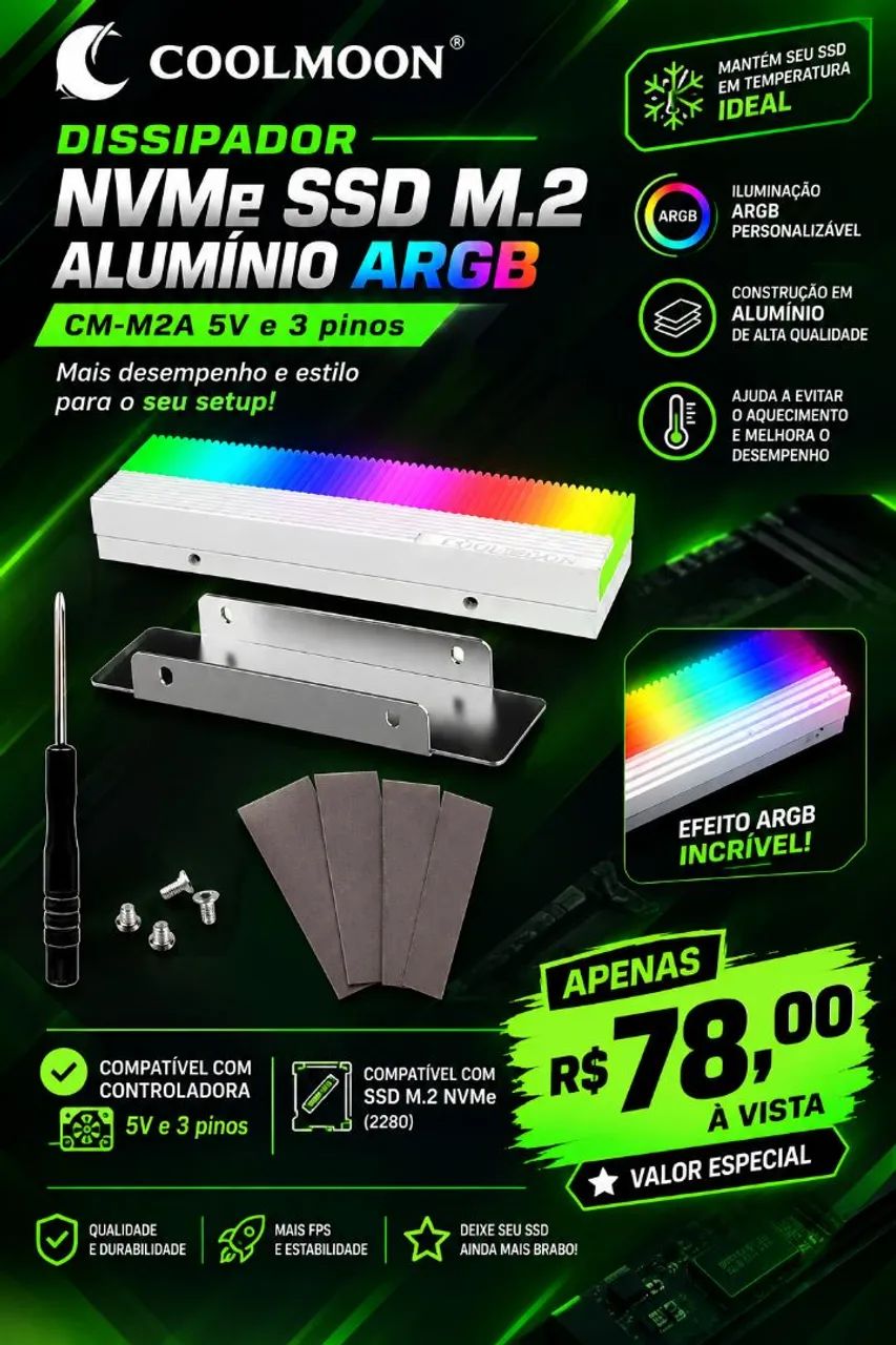 Dissipador para NVME M.2 2280 com ARGB 