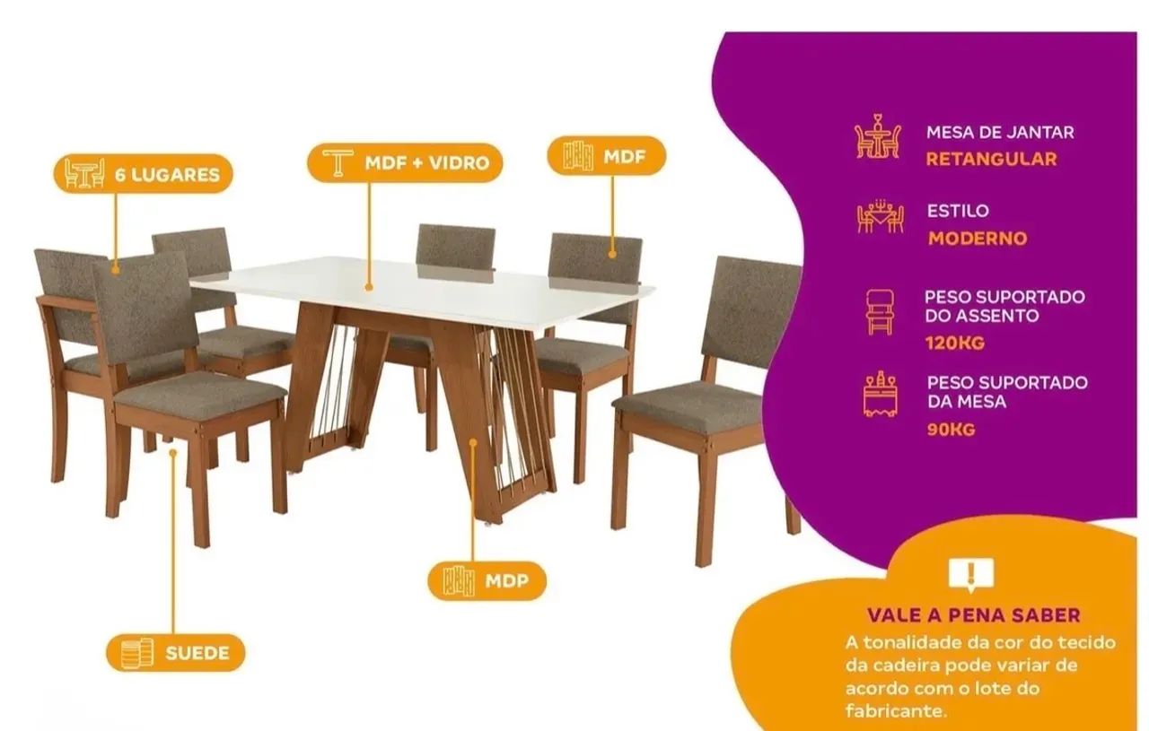 Mesa de Jantar 6 Cadeiras Retangular Tampo de MDF com Vidro - Foto 4