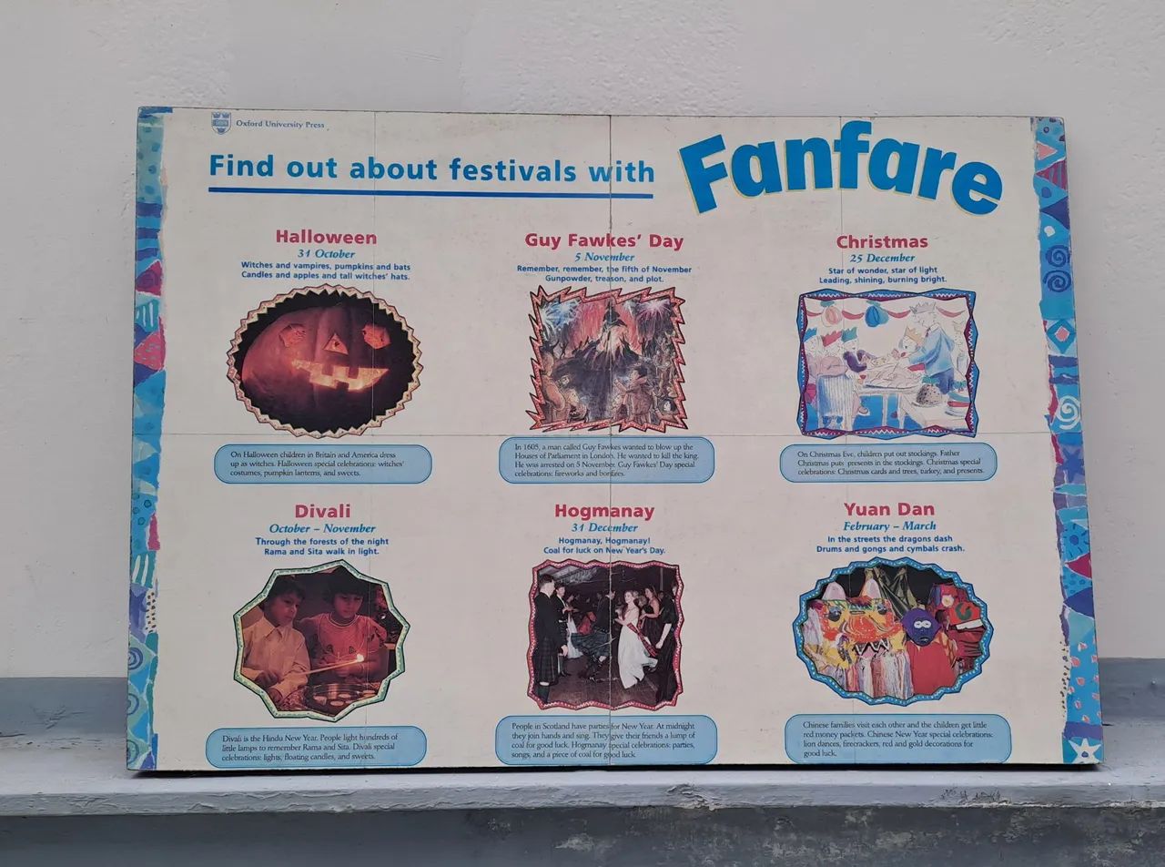 Quadro educativo de inglês Fanfare aprenda sobre festivais para crianças