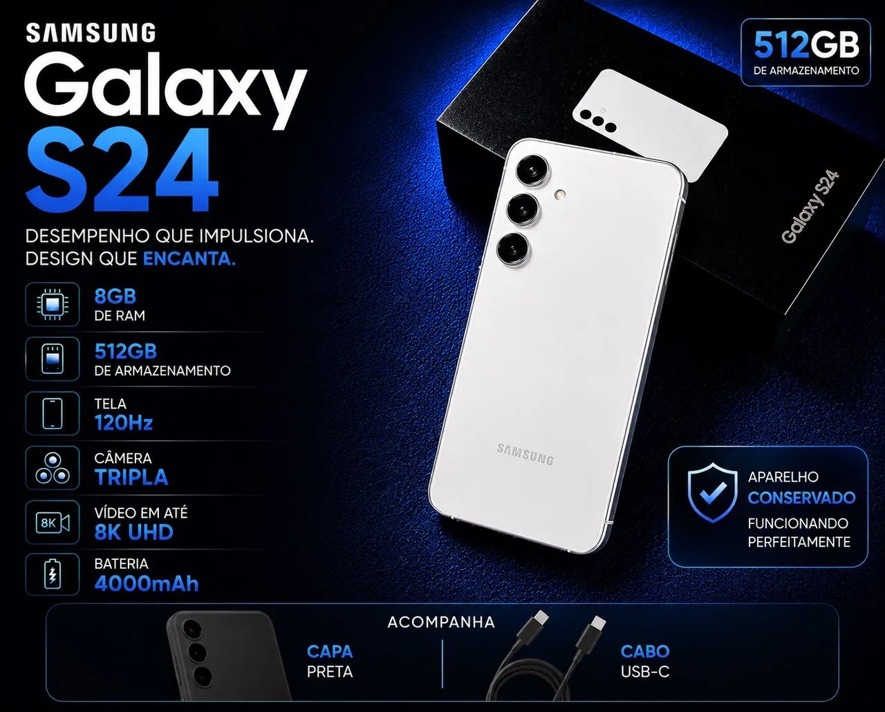 Samsung Galaxy S24 512GB | 8GB RAM | Tela 120Hz | Conservado