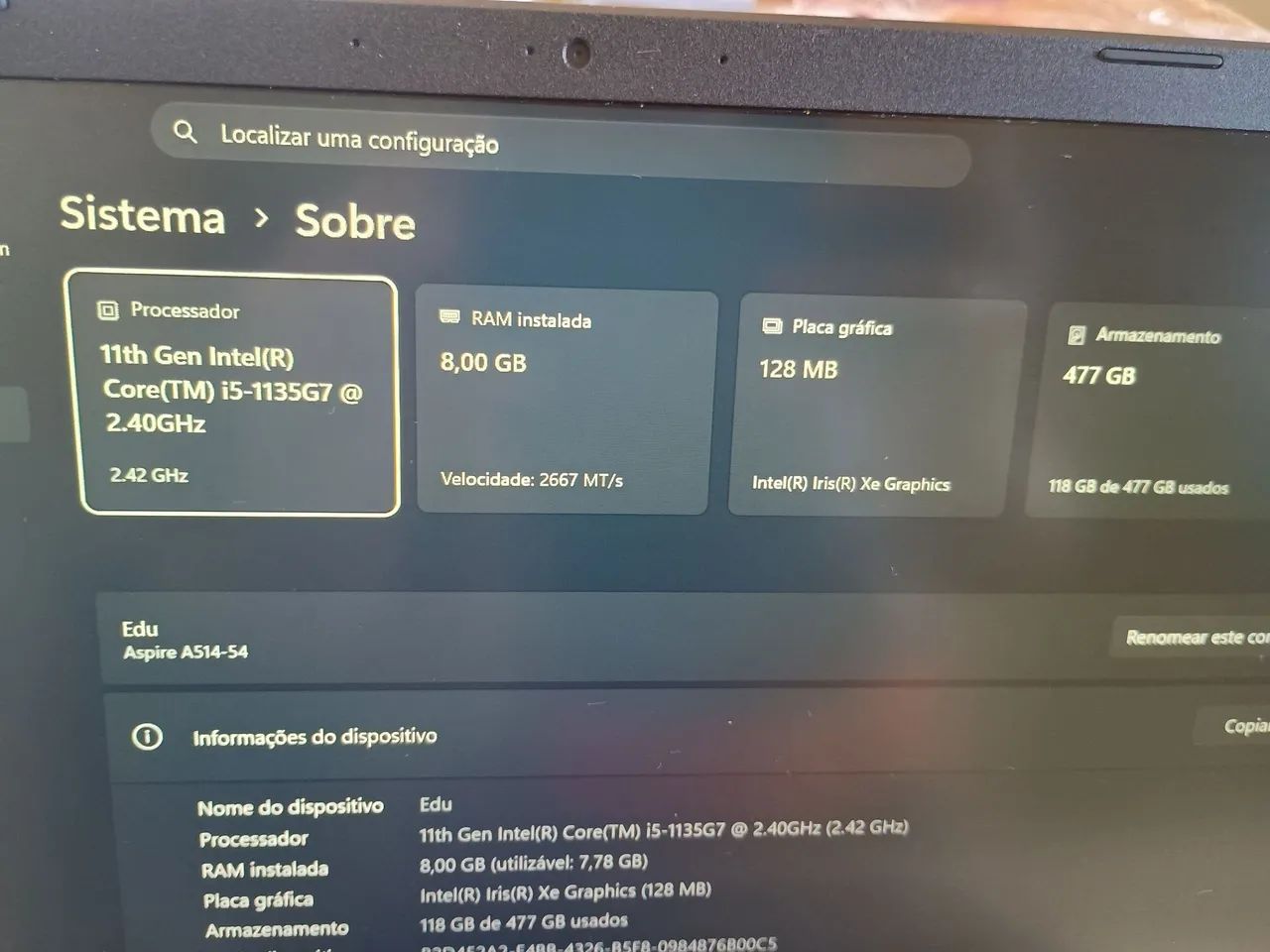 Notebook Acer I5 11Gen + 512GB SSD + 8GB RAM + Placa Gráfica Intel Iris XE   - Foto 5