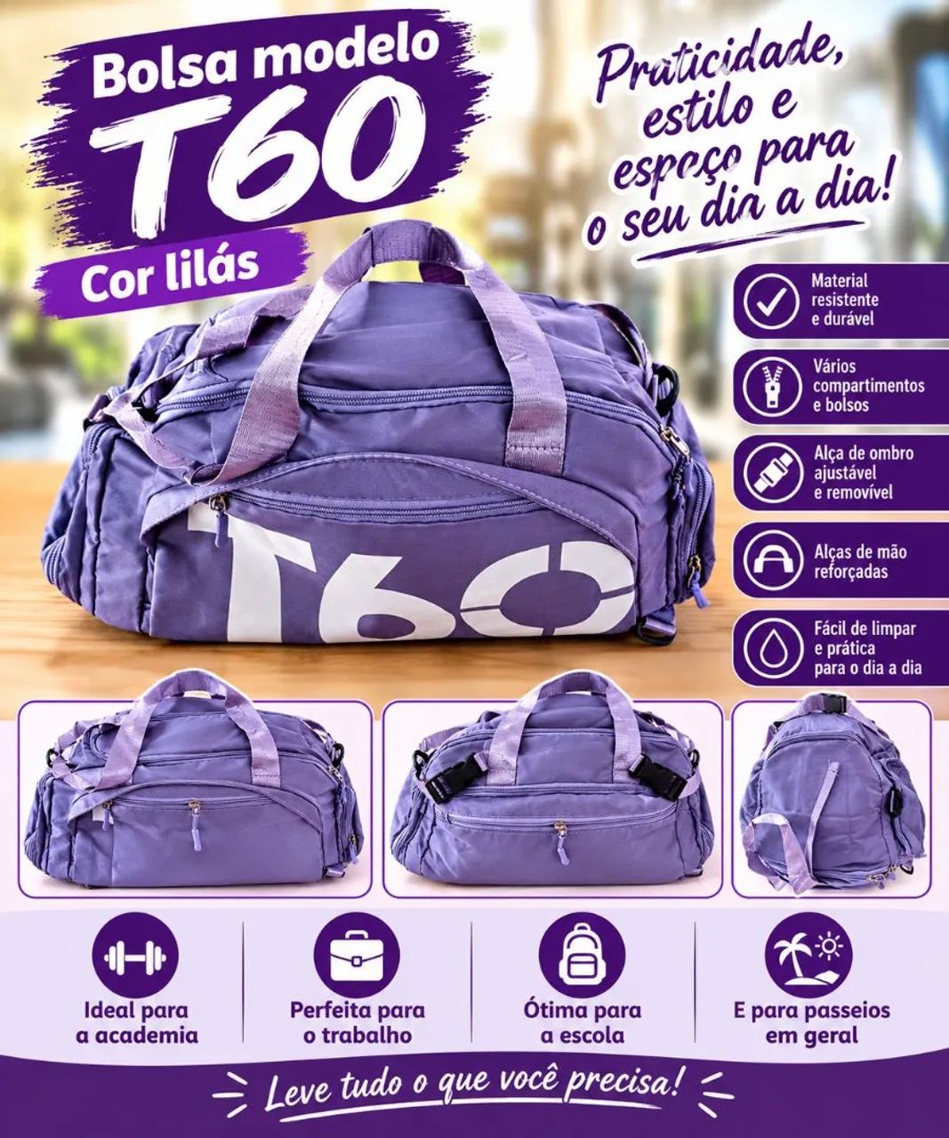 Bolsa modelo T60 da cor lilás 