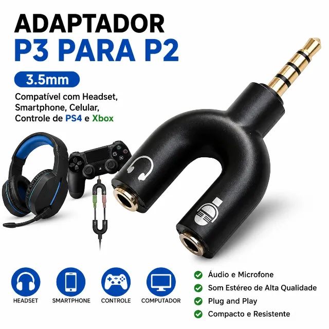 Cabo Adaptador P3 Para P2 3.5mm para Headset, Smartphone, Celular, Controle de PS4 e Xbox