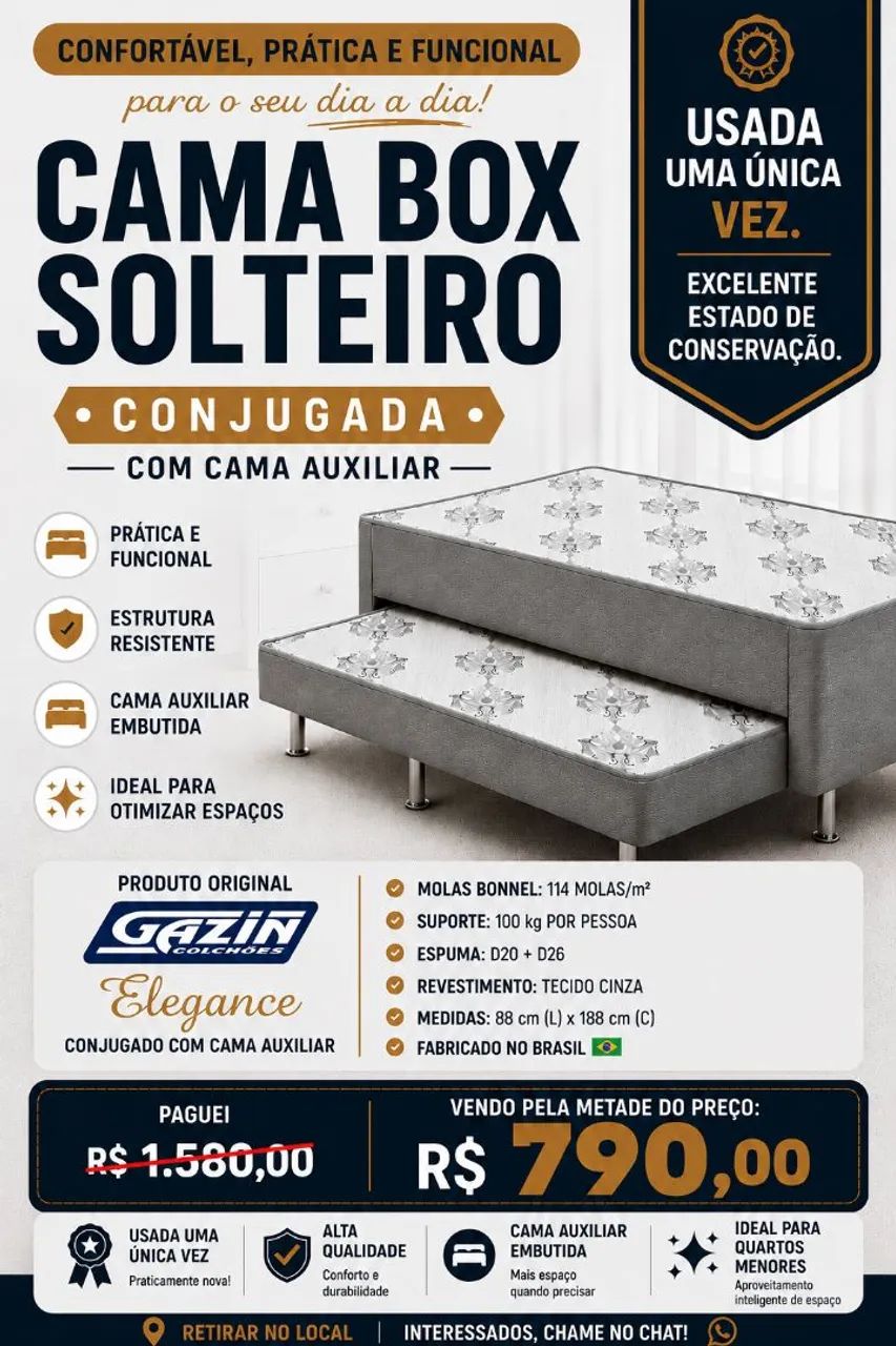Cama box solteiro conjugada com cama auxiliar. 