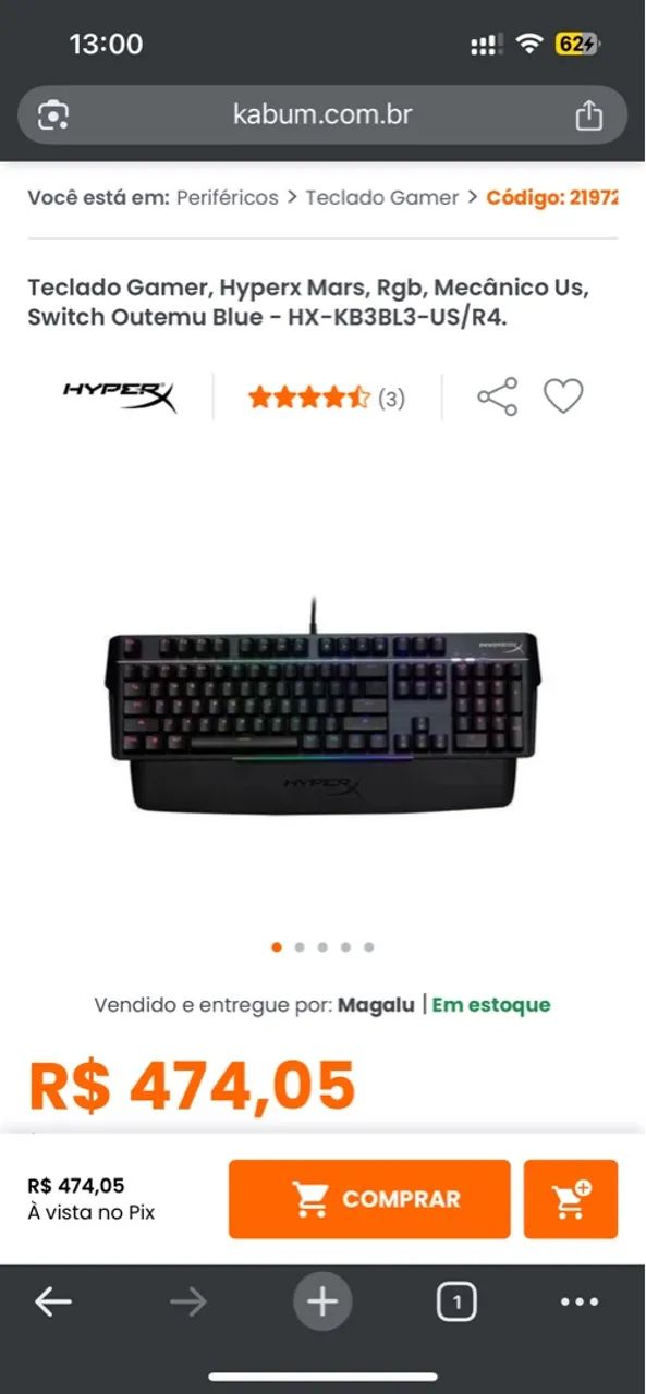 Teclado Gamer HyperX Mars RGB Mecânico Outemu Blue