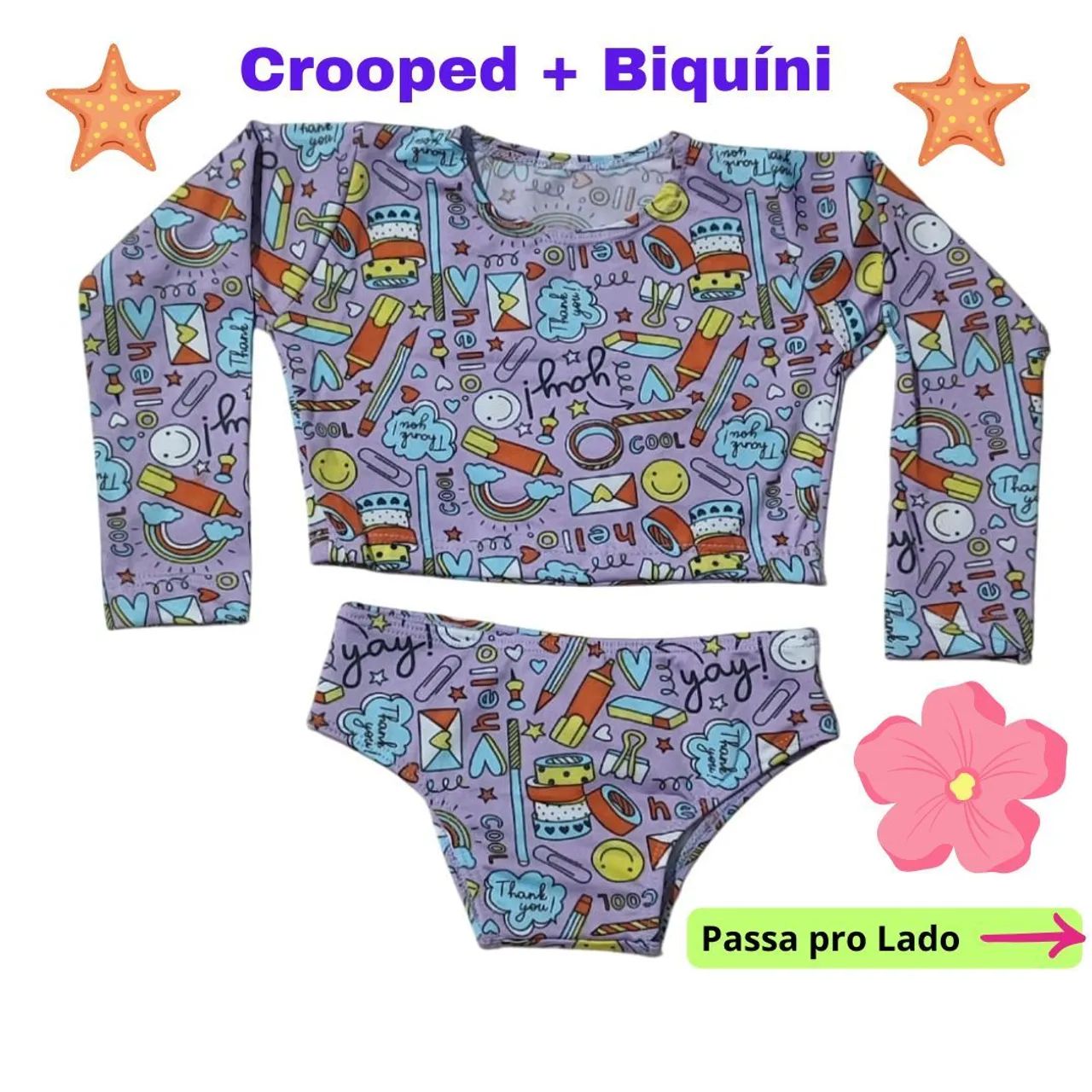 Kit 2 peças: Biquíni para Meninas + Blusa Cropped Manga Longa - 4/5 anos - Proteção 50uv+ - Foto 3