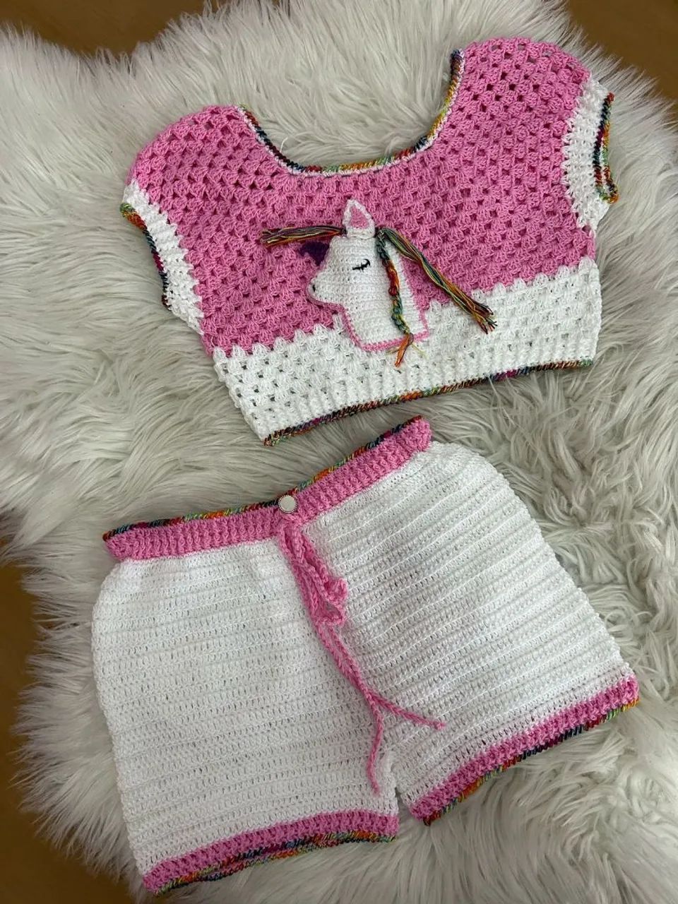 Conjunto Crochê Bebê Unicórnio - Rosa e Branco, encomendas  - Foto 4
