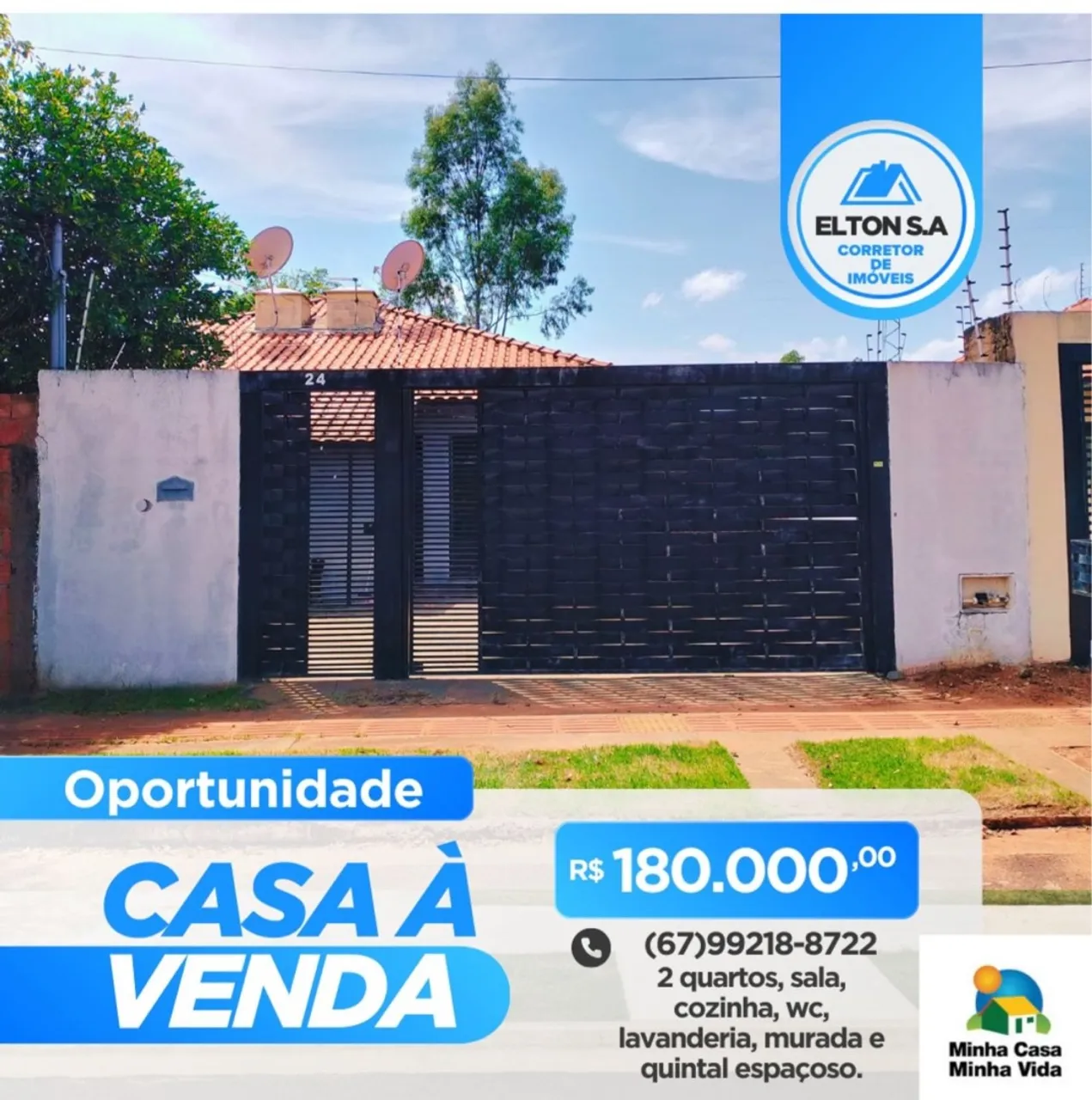 Casa, 2 quartos, sala, cozinha, wc, lavanderia, murada e quintal espaçoso.