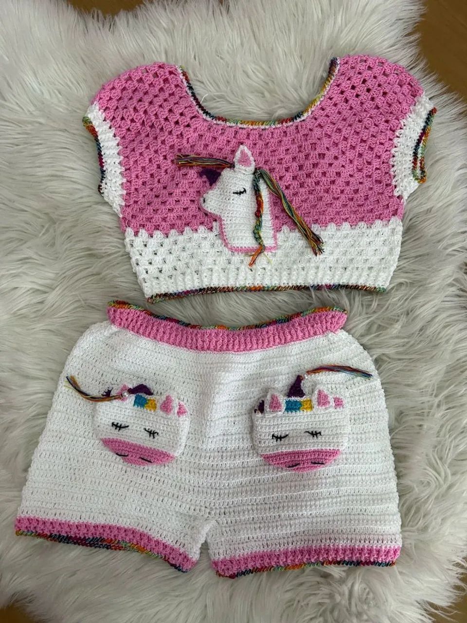 Conjunto Crochê Bebê Unicórnio - Rosa e Branco, encomendas 