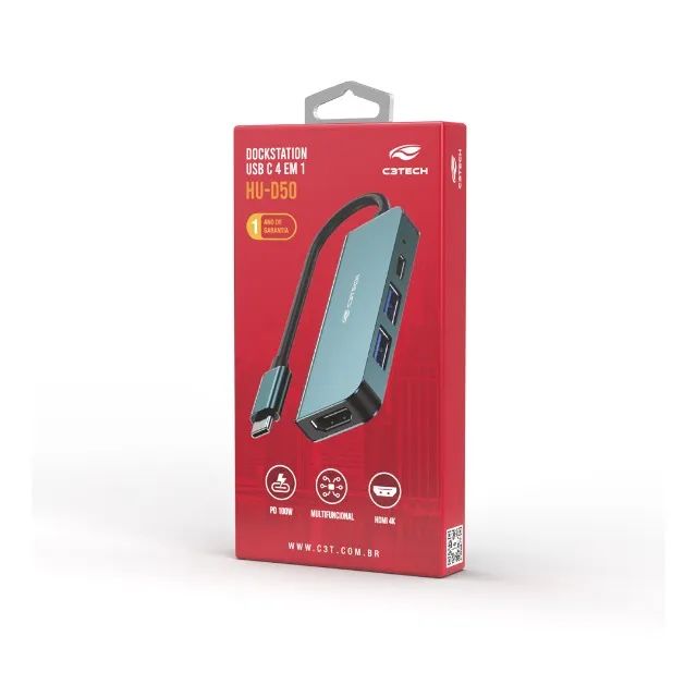 Hub USB-C HDMI 4 Portas C3Tech HU-D50GY 4 em 1 (USB3.0/USB2.0/HDMI 4K/USB-C100W) - WZetta - Foto 4