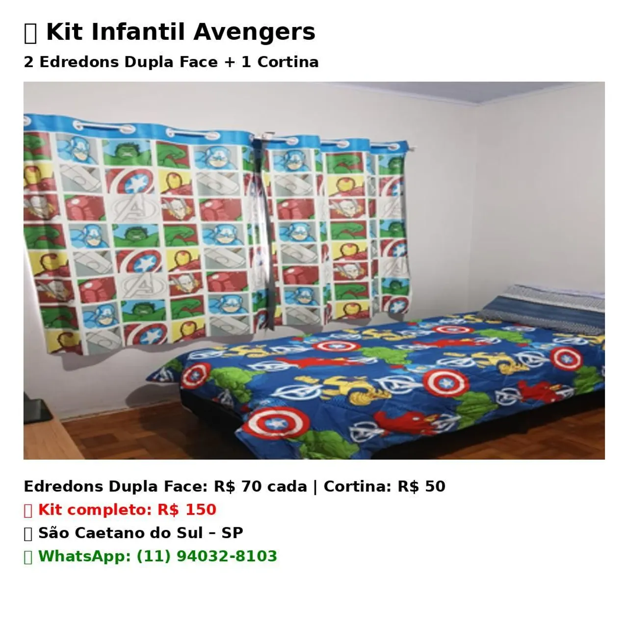 Kit Infantil Avengers - Edredons Dupla Face + Cortina