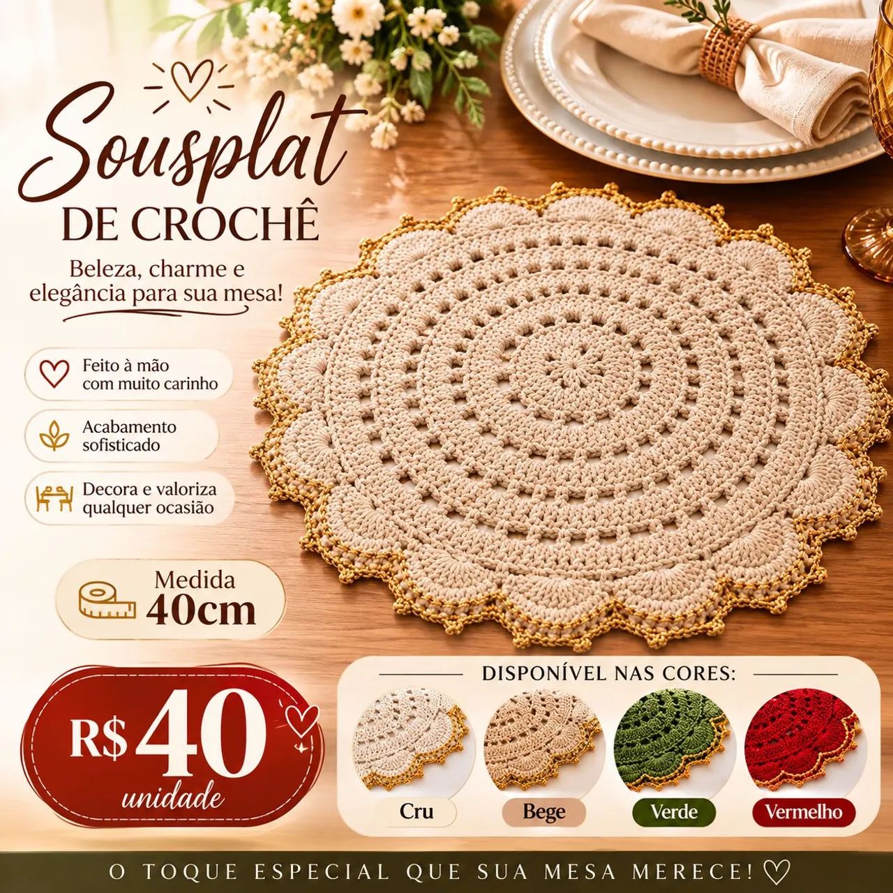 Sousplat de Crochê 40cm, unidade 