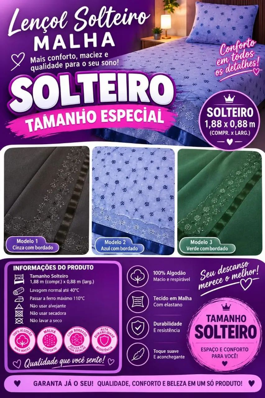 Lençol de Solteiro 100% algodão