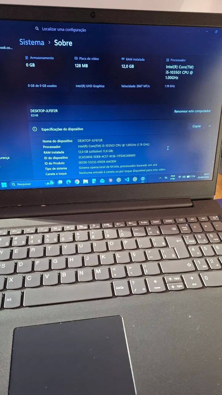 Notebook Lenovo Core i5 10ª Gen | 12GB RAM | SSD 128GB | Rápido e Conservado