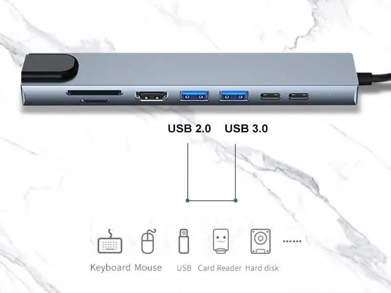 Hub 8 em 1 multifuncional com HDMI, USB, Leitor de cartão, USB-C  - Foto 3