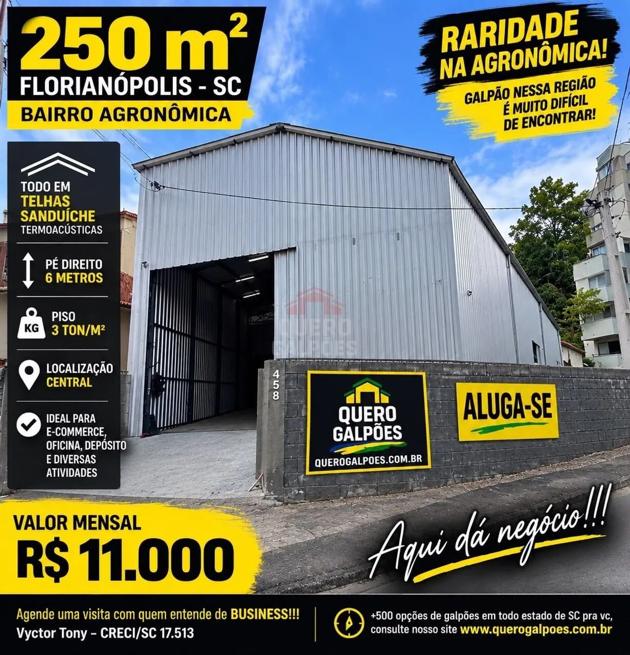 ALUGO GALPÃO/ARAMAZEM 250M² - AGRONOMICA - FLORIANOPOLIS