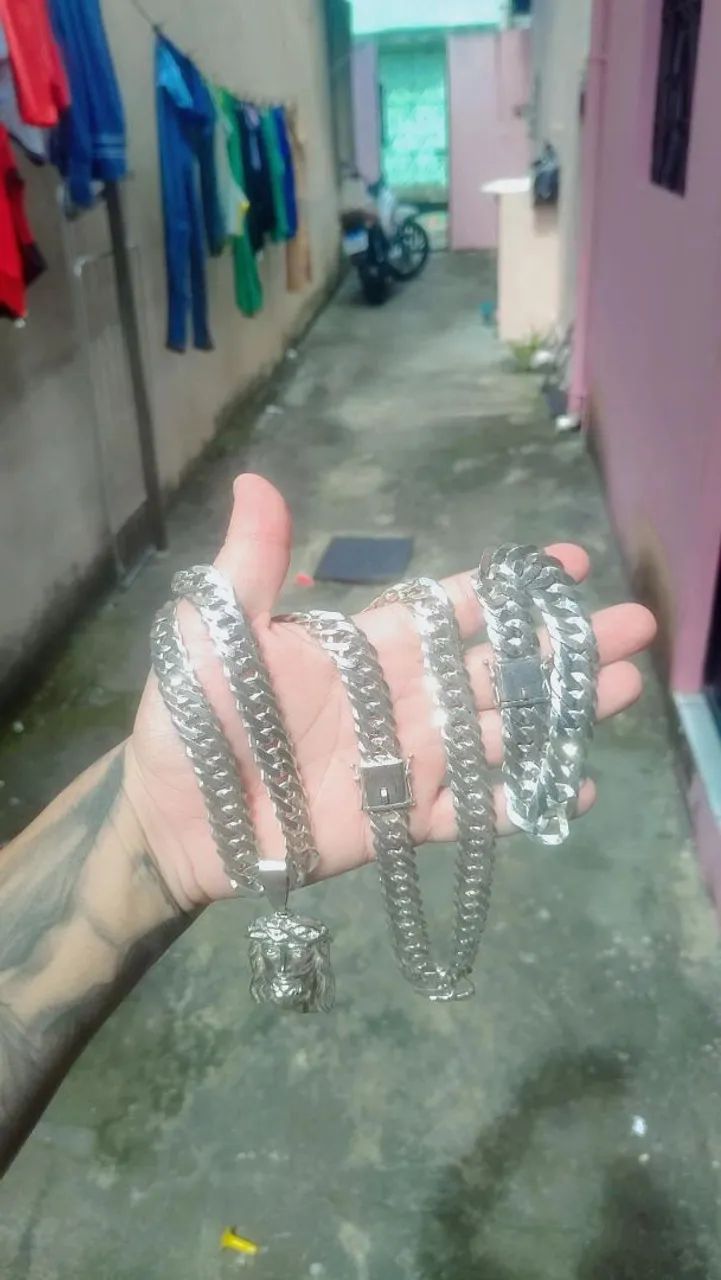 Conjunto de prata cordão pingente anel e pulseira 