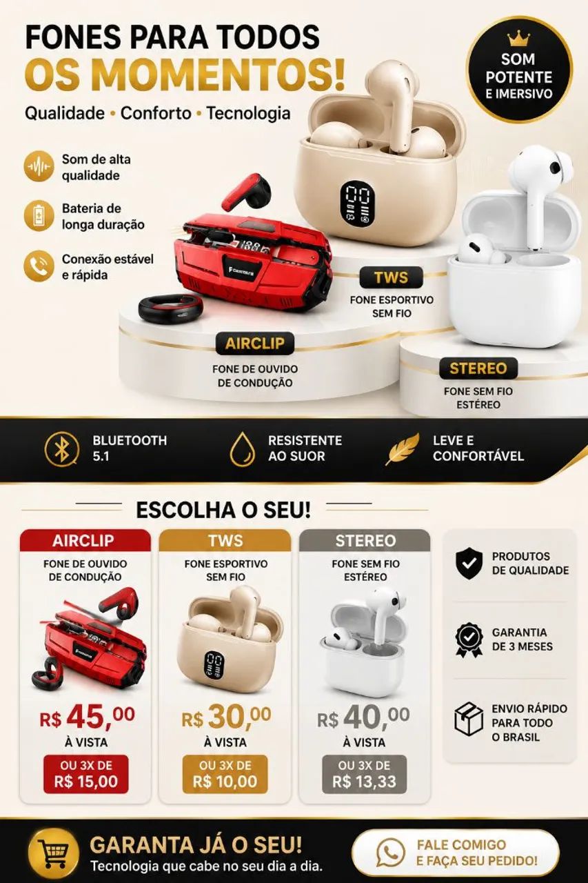 Fones de ouvido Bluetooth 