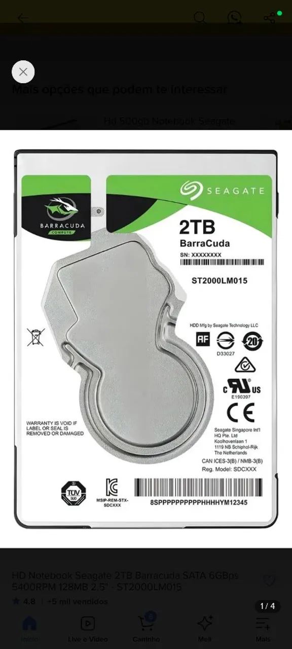 HD notebook 2tb estado de zero