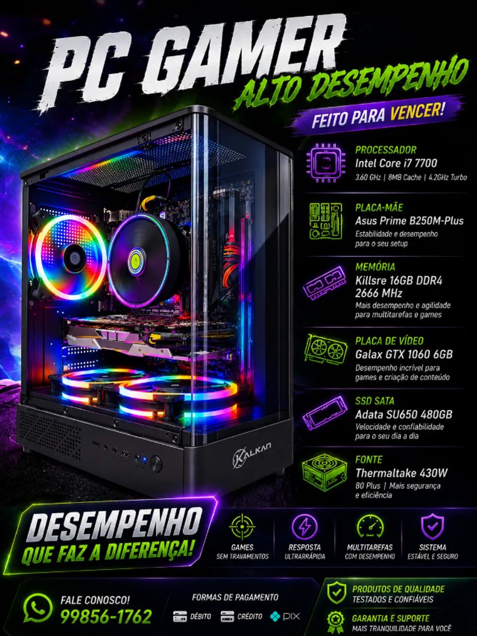 PC Gamer Core I7 7700 GTX 1060 6GB - Completo - Até 12 X 230,00