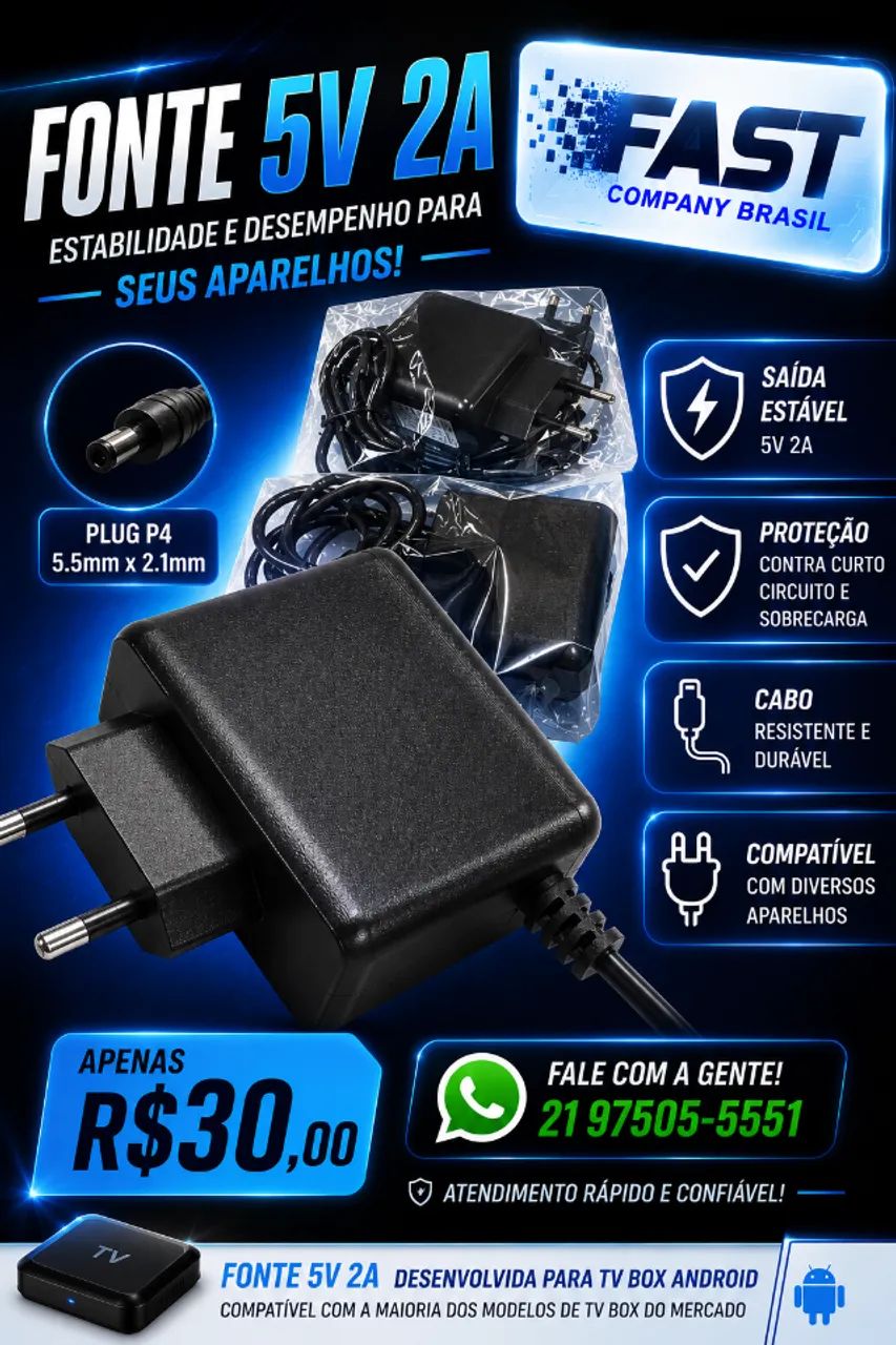 Fonte 5V 2A P4 5,5x2,1mm para Android TV Box
