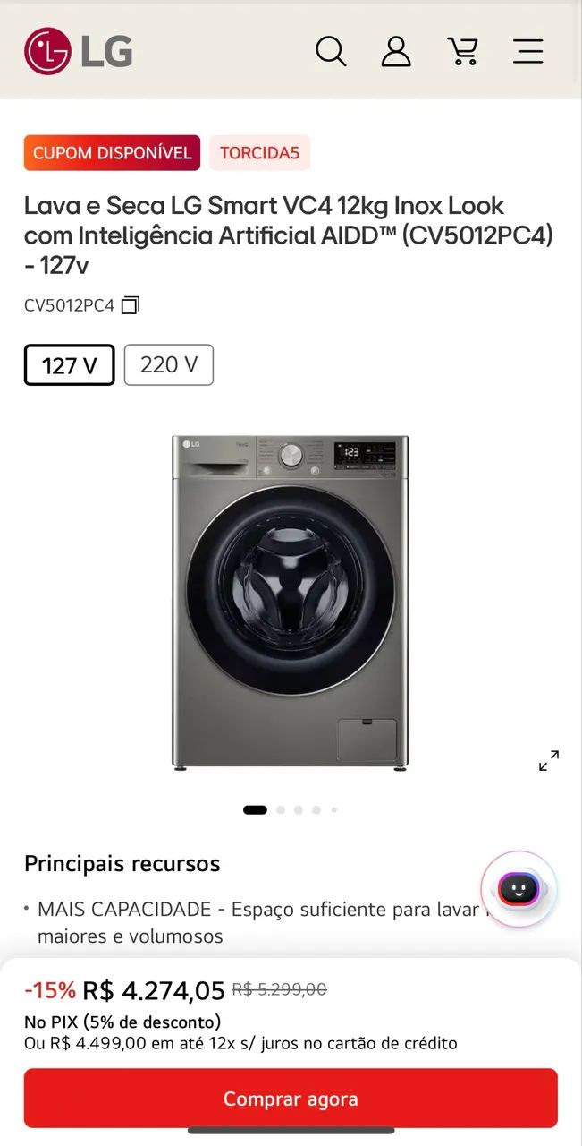 Lava e Seca LG VC4 Inox - 127v - com Inteligência Artificial  - Foto 2