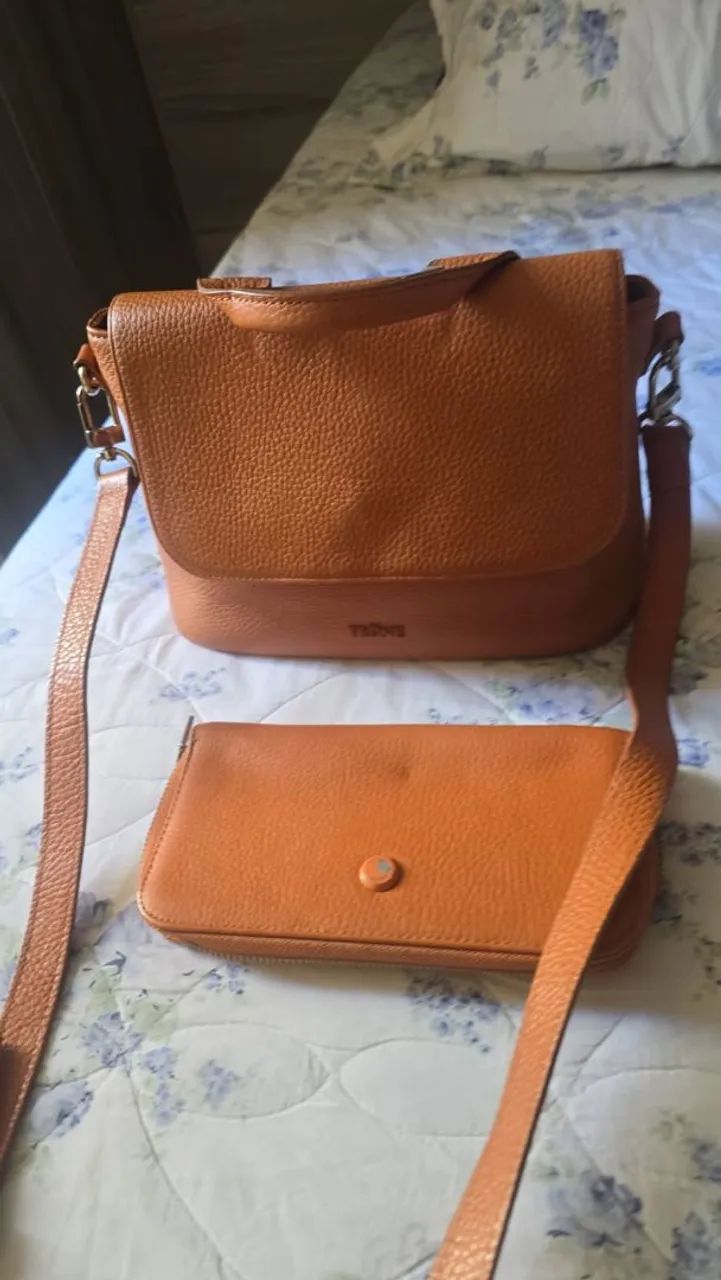 Conjunto de bolsa e carteira de couro argentino legítimo 