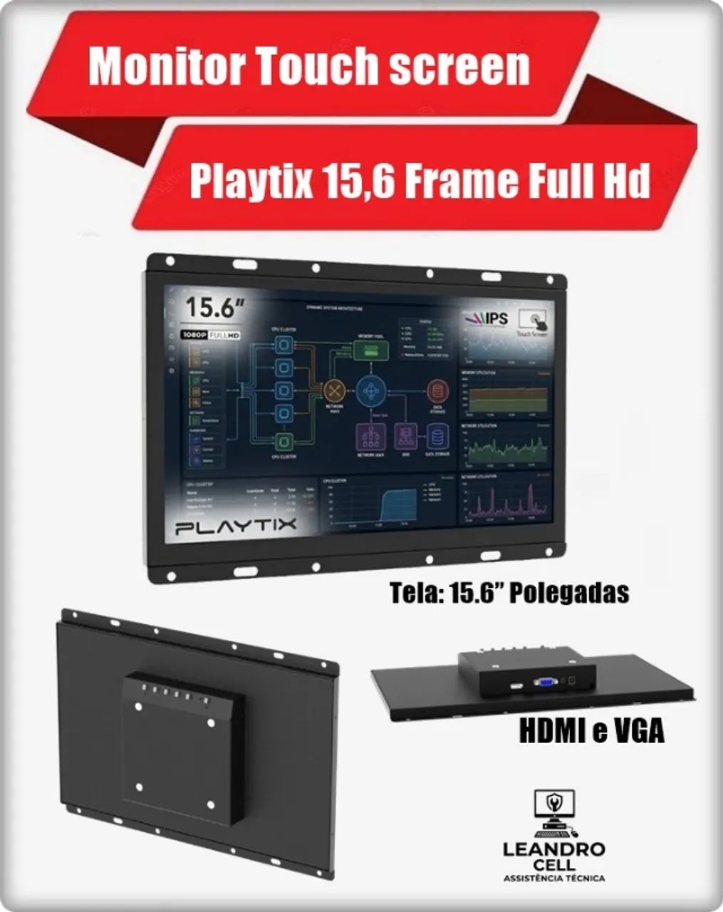 Monitor Touch Screen Playtix 15.6 Open Frame Full Hd Ips Preto