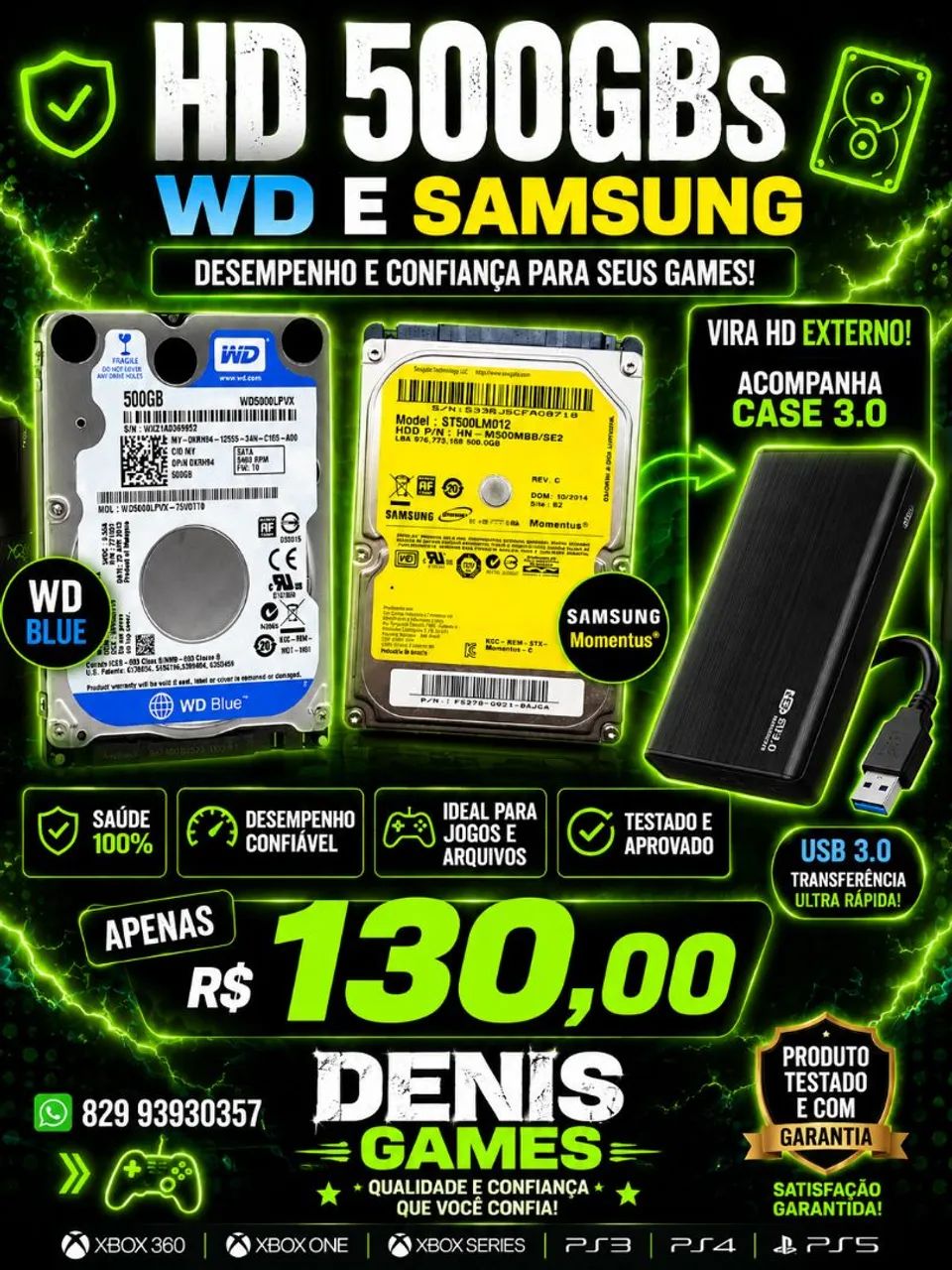 Hd 500gbs externo case 3.0 seu ps4 e ps5 e xbox one s e séries 