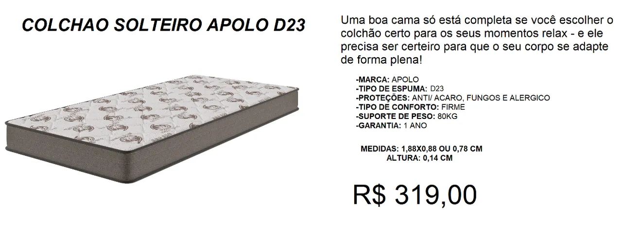 Colchão de espuma tamanho solteiro 
