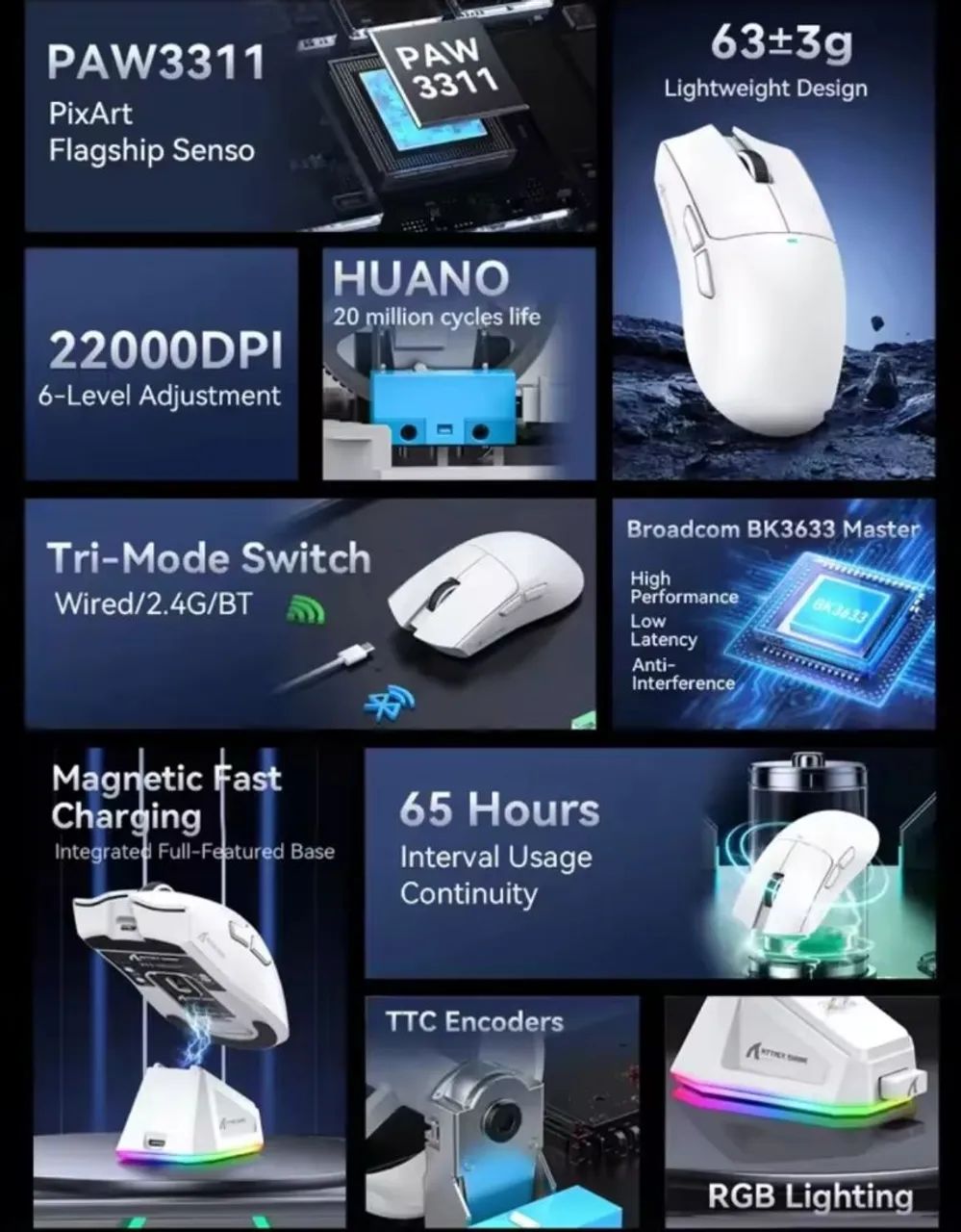 Mouse Gamer Attack Shark X11 Wireless Tri Mode 22000 DPI Base RGB - Foto 3