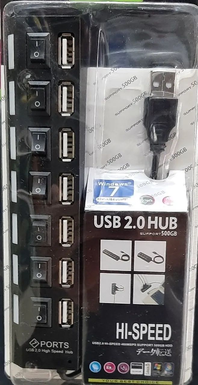Hub 7 Portas  500Gb - Hi-Speed  !! Usb 2.0 c/  chave l/d  