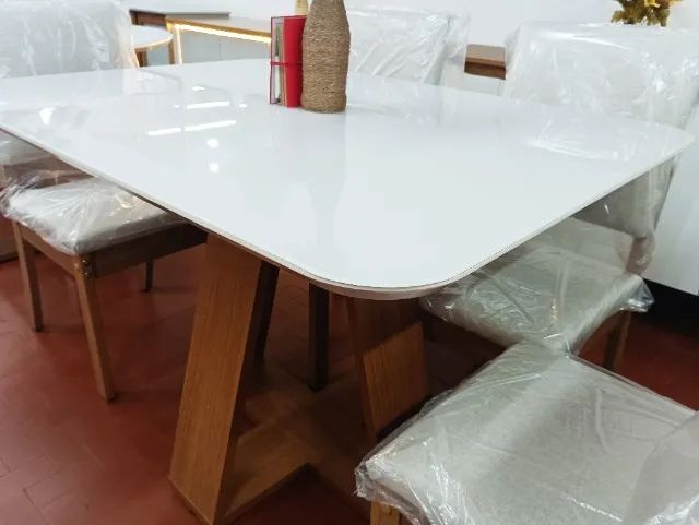 Conjunto de Jantar Mesa 1,20x0,90 + 04 Cadeiras Estofadas Celeste 100%MDF. - Foto 5