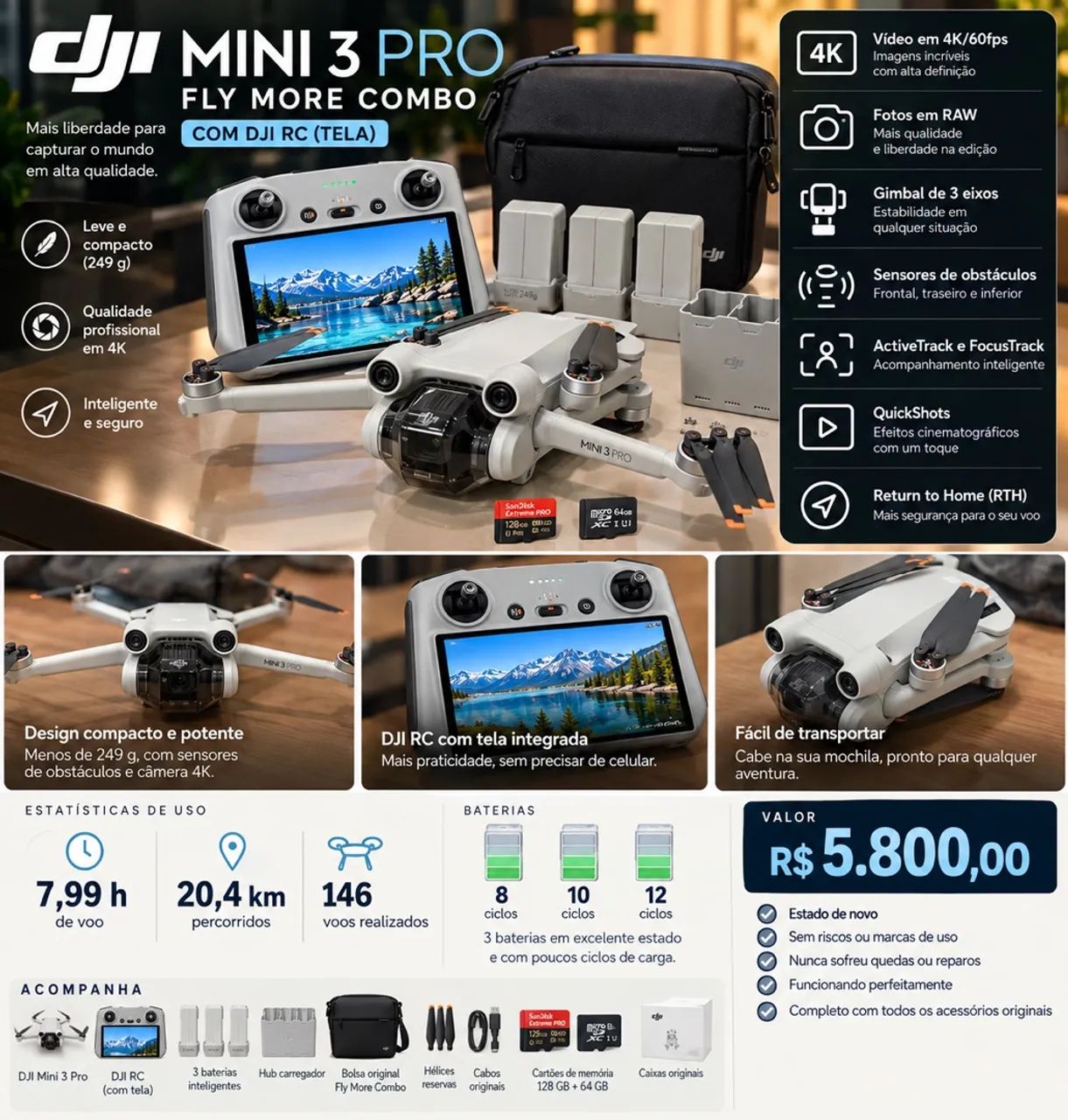 DJI Mini 3 Pro Fly More Combo + DJI RC (Tela) | 3 Baterias | Baixíssimo Uso