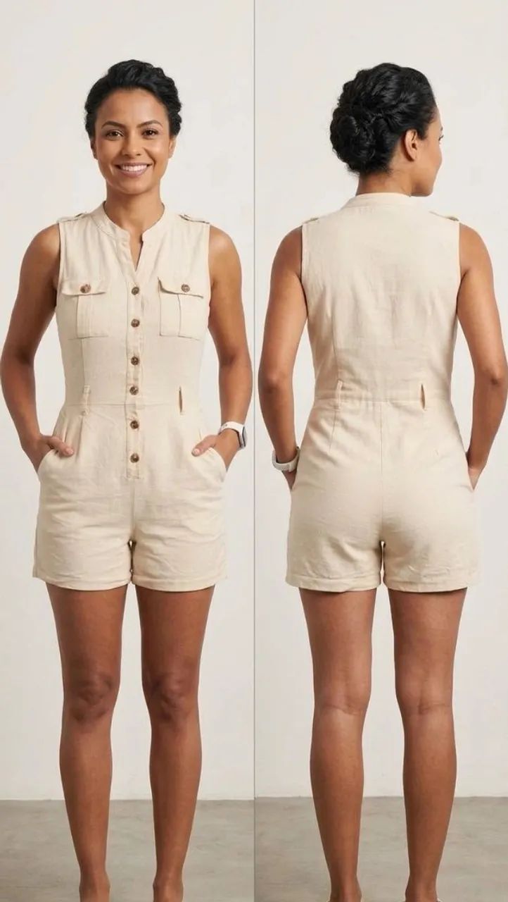 Macacão de algodão curto, feminino na cor bege