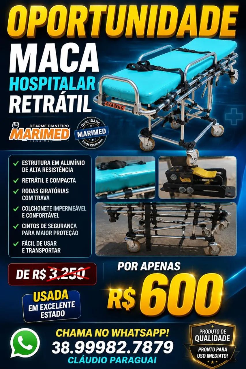 Maca hospitalar retrátil com colchão 