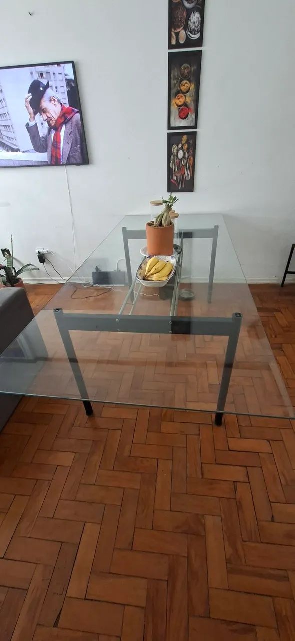 Mesa de ferro com  tampo de vidro, 210x90