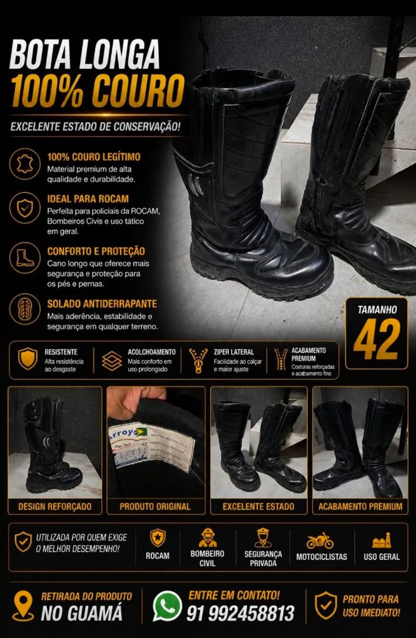 Bota cano longo 100% couro