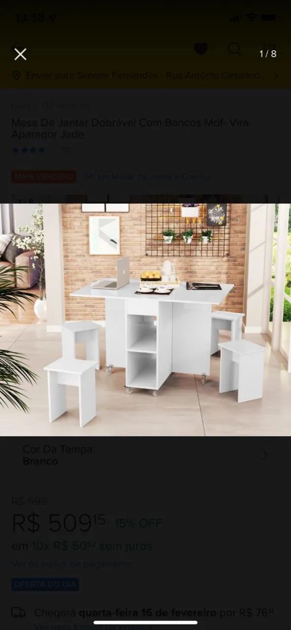 Mesa de Jantar Dobrável/Retrátil com 4 Bancos - MDF Branco - Foto 2