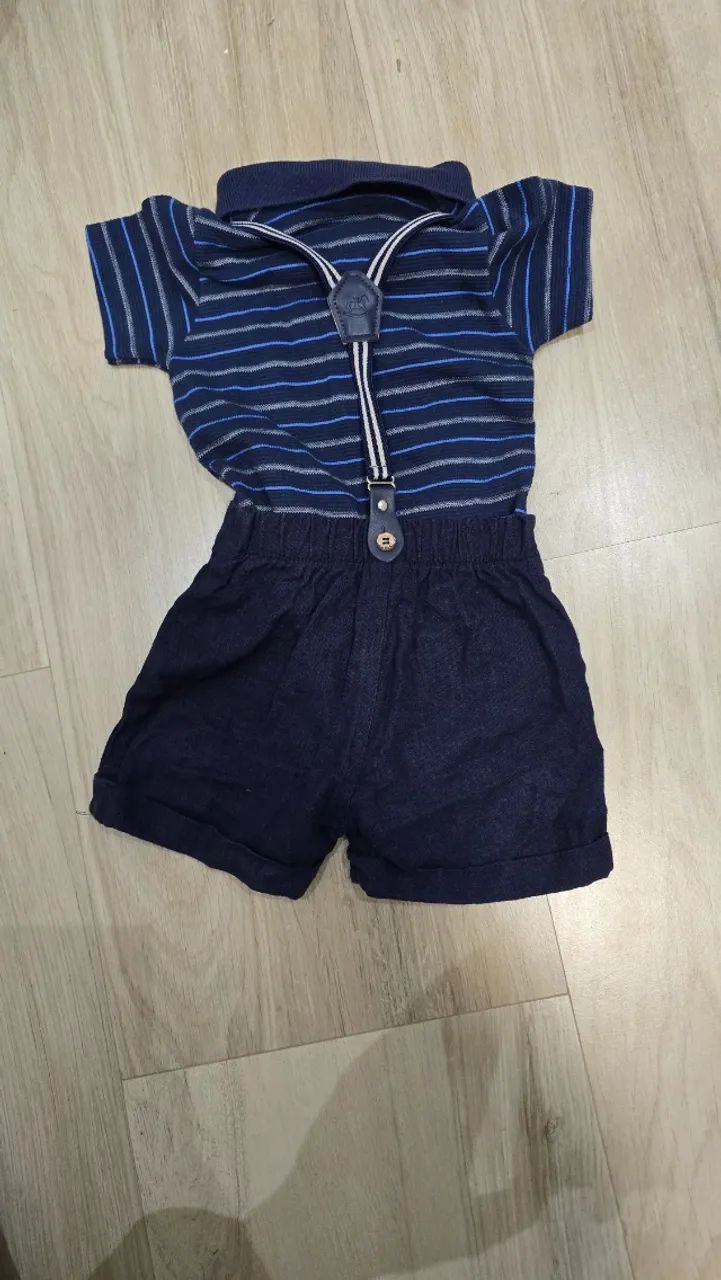 conjunto de polo listrada com bermuda e suspensório da Up Baby - Foto 2