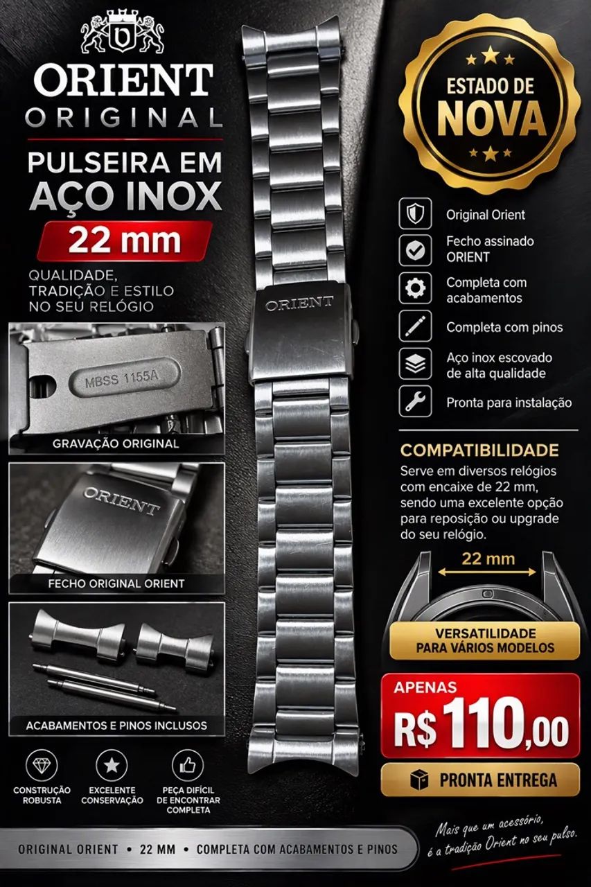 Pulseira Orient Aço 22mm Original Completa