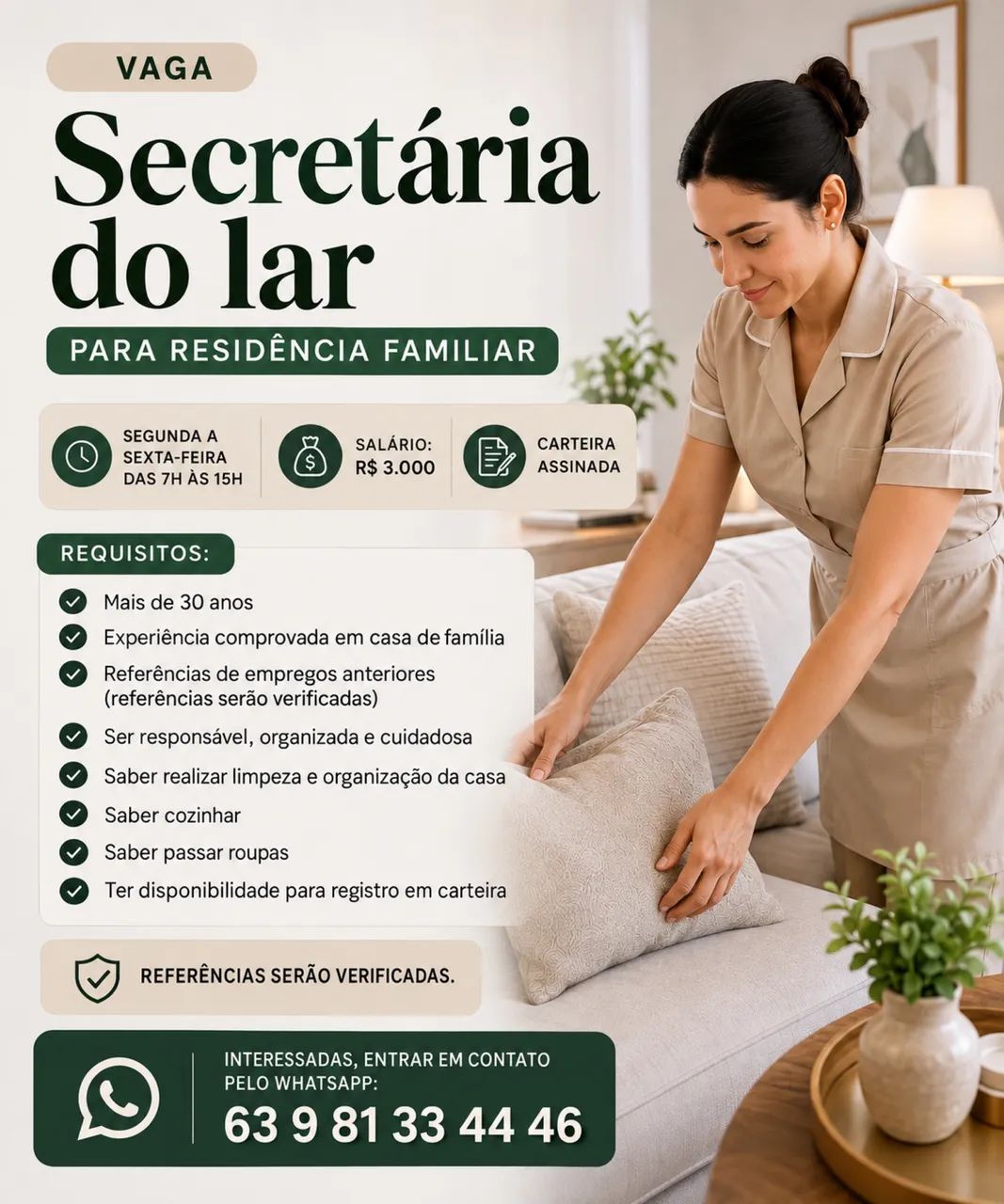 Vaga secretária do lar 