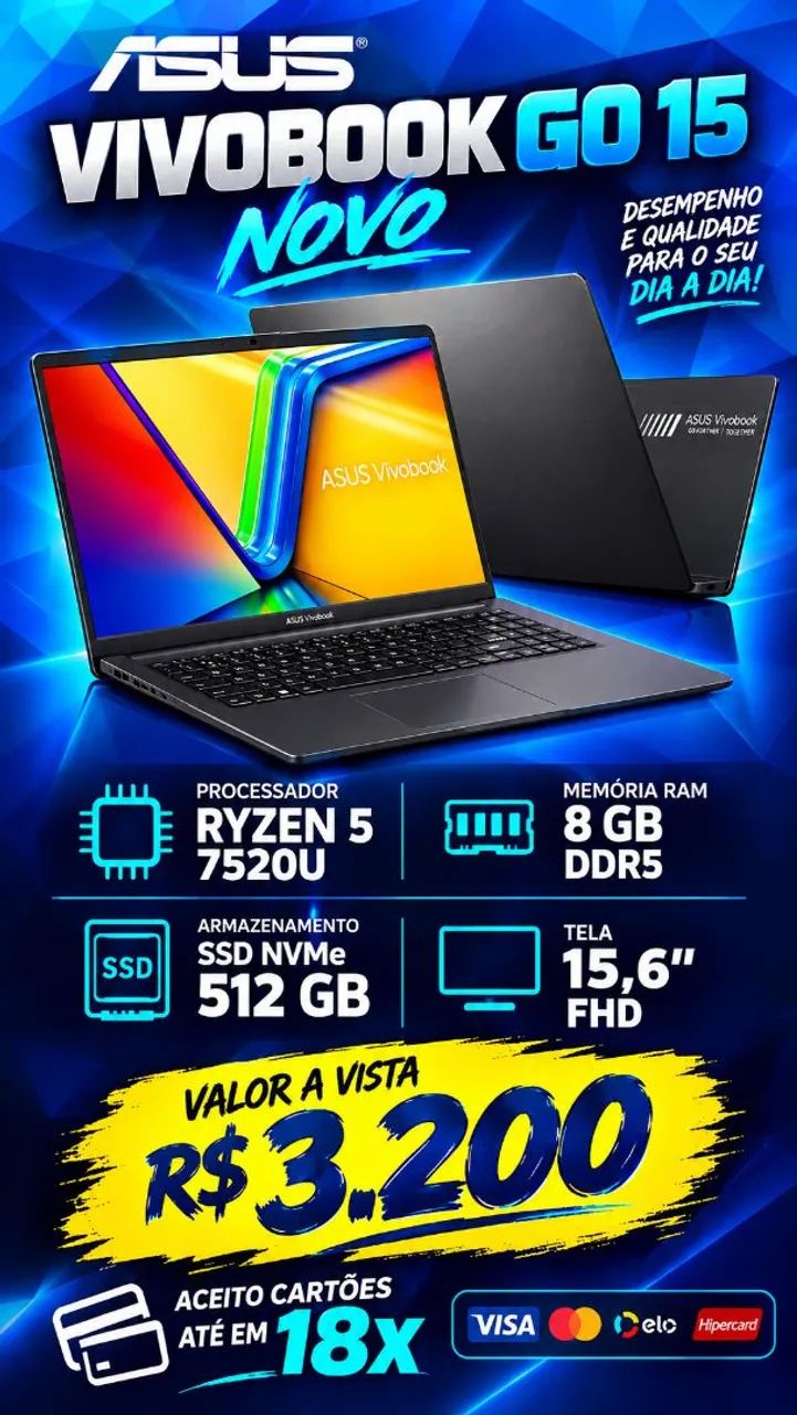 Notebook Asus Ryzen 5 7520U Novo.
