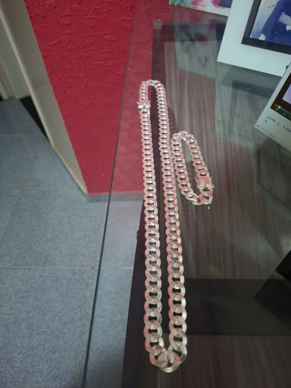 Cordão e pulseira de prata mista 