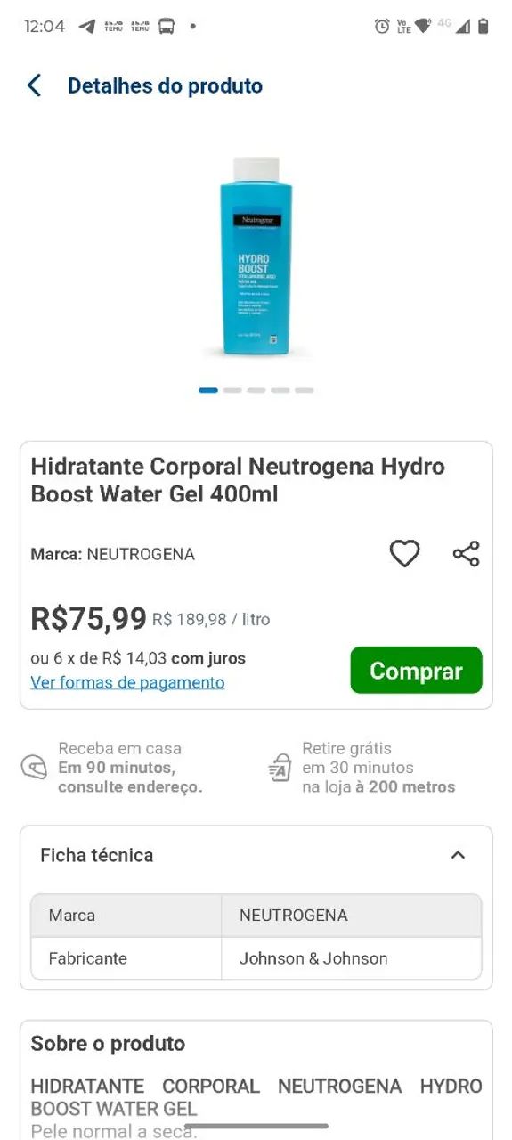Hidratante Corporal Neutrogena Hydro Boost Water Gel 400ml