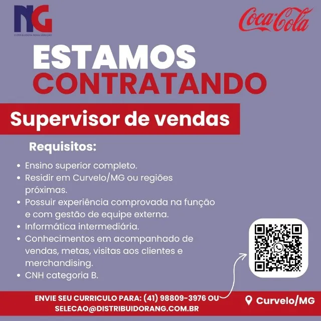 Vaga de emprego Supervisor de Vendas (Curvelo/MG)
