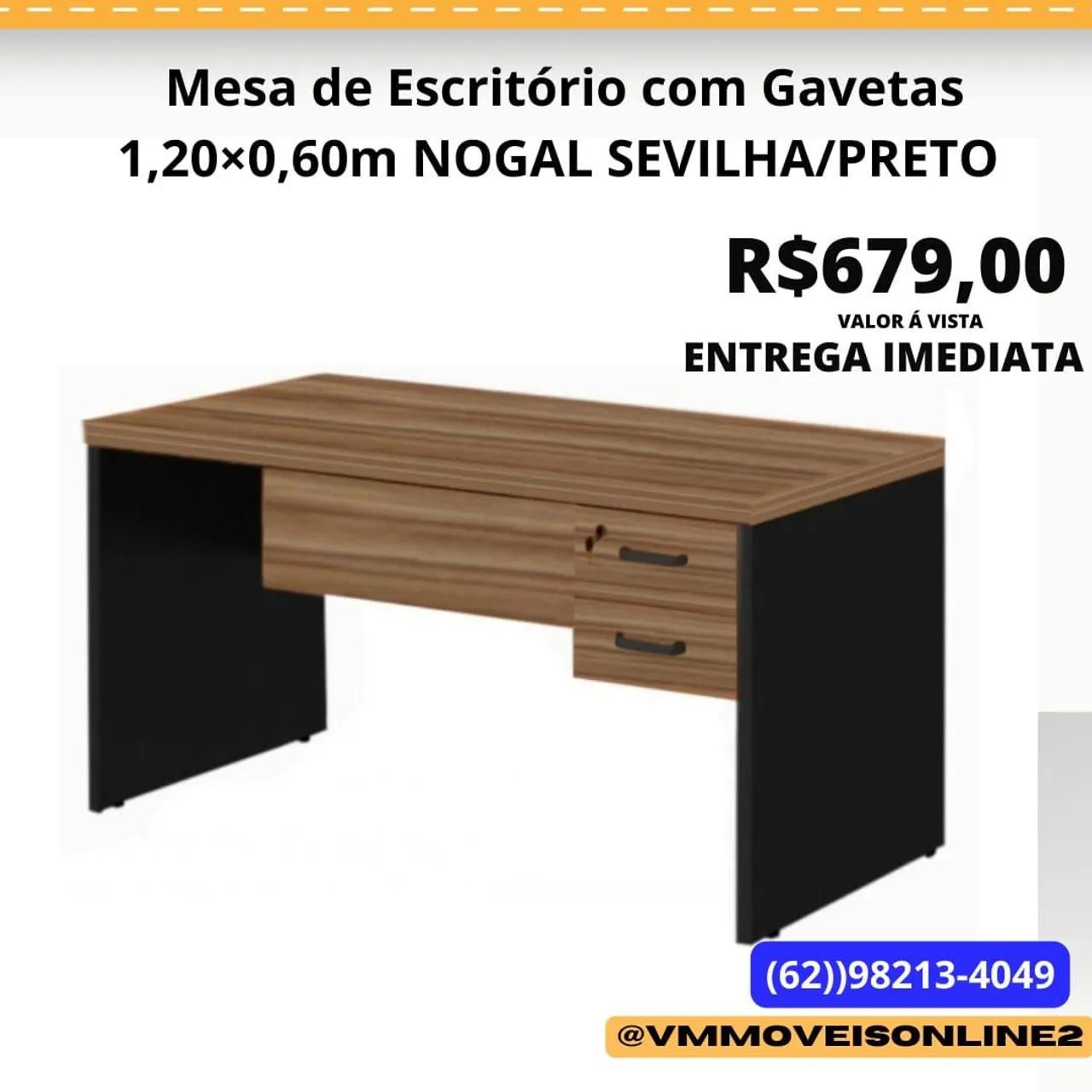 Mesa de Escritório com Gavetas 1,20x0,60m NOGAL SEVILHA/PRETO