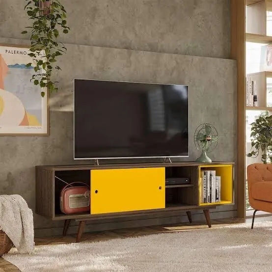 Rack para TV retrô com design moderno e cores vibrantes