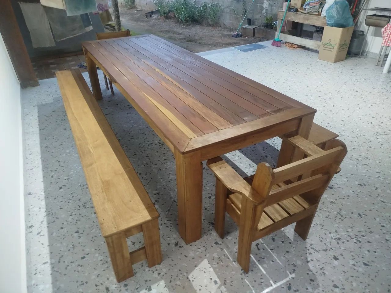 Mesa Rústica 3 m x 90 cm mais dois bancos e mais 2 cadeiras estilo RACK  - Foto 5