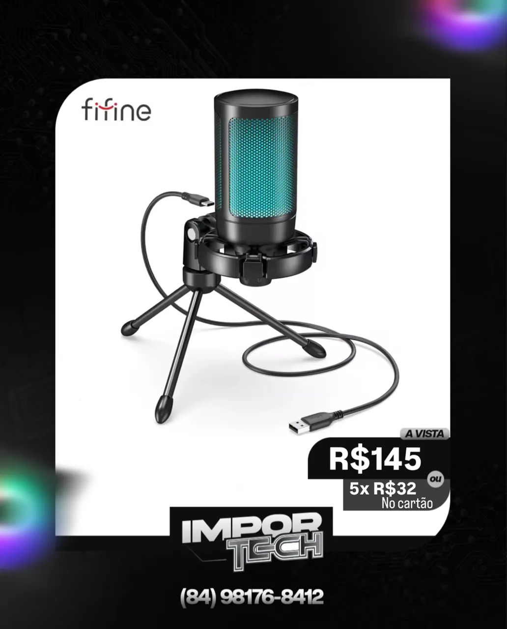 Microfone Gamer AmpliGame A2 USB Condensador com LED RGB. @importech_084